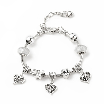 Alloy Heart Charm European Bracelet with Snake Chains, Plastic Round & Butterfly Beaded Bracelet for Women, White, 7.87 inch(20cm)