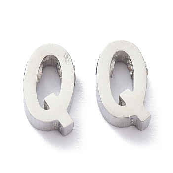 304 Stainless Steel Charms, Alphabet, Stainless Steel Color, Letter.Q, 9x6x3mm, Hole: 1.8mm
