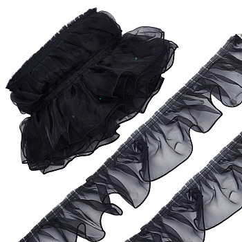 1Pc Organza Pleated Lace Trim Ribbon, for Garment Accessories, Black, 3-7/8 inch(97mm)