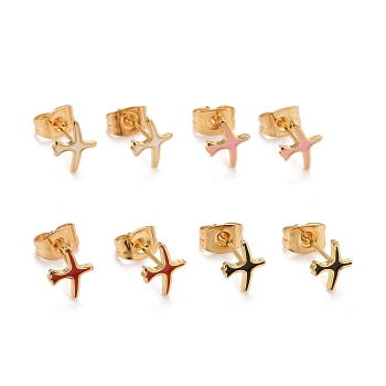 304 Stainless Steel Enamel Stud Earrings, with 316 Surgical Stainless Steel Pin, Golden, Bird, Mixed Color, 7x8x1mm, Pin: 0.7mm