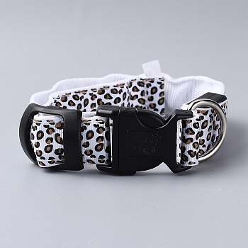 Adjustable Polyester LED Dog Collar, with Water Resistant Flashing Light and Plastic Buckle, Built-in Battery, Leopard Print Pattern, White, 355~535mm