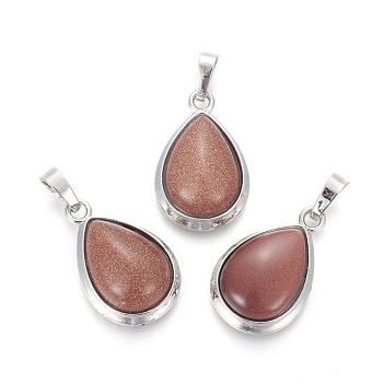 Synthetic Goldstone Pendants, with Brass Findings, teardrop, Platinum, 26x16~17x8~10mm, Hole: 8x5mm