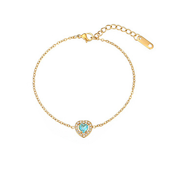 Cubic Zirconia Heart Link Bracelet with Golden Stainless Steel Chains, Light Sky Blue, 6-1/4 inch(16cm)