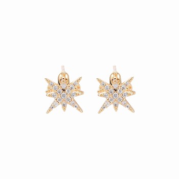 Brass Micro Pave Clear Cubic Zirconia Stud Earring Findings, for Half Drilled Beads, Nickel Free, Star, Real 18K Gold Plated, 10x10mm, Pin: 0.7mm, pin: 0.7mm(for half drilled beads)