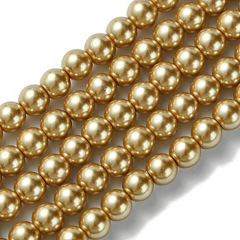 Eco-Friendly Dyed Glass Pearl Beads Strands, Grade A, Round, Cotton Cord Threaded, Gold, 6mm, Hole: 1.2~1.5mm, about 70pcs/strand, 15.7 inch