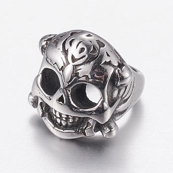 304 Stainless Steel Beads, Skull, Antique Silver, 13x12x12mm, Hole: 8mm