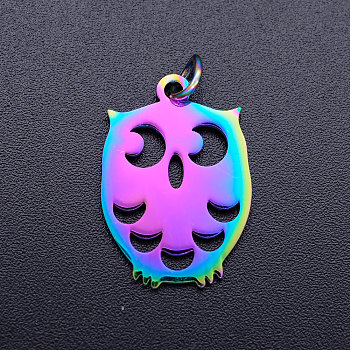 Ion Plating(IP) 201 Stainless Steel Pendants, with Jump Rings, Owl, Rainbow Color, 20x13.5x1mm, Jump Ring: 5x0.8mm, Inner Diameter: 3mm