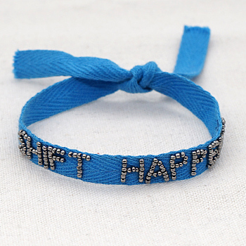 Word Shift Happens Glass Seed Beaded Cord Bracelet, Lucky Adjustable Bracelet for Women, Dodger Blue, 14-1/8 inch(36cm)
