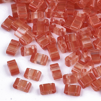 2-Hole Glass Seed Beads, Striped Seed Beads, Transparent Colours, Two Tone, Rectangle, Red, 4.5~5.5x2x2~2.5mm, Hole: 0.5~0.8mm