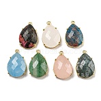 Natural Mixed Stone Pendants, Rack Plating Brass Faceted Teardrop Charms, Golden, Mixed Dyed and Undyed, 24~24.5x16~16.5x7mm, Hole: 1.5mm(G-M431-10G)