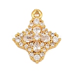 Brass Micro Pave Clear Cubic Zirconia Pendants, Flower Charms, Golden, 15.5x13.5x4.5mm, Hole: 1.2mm(CU-CBA2E4B-04B-G)