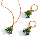 304 Stainless Steel Enamel with Glass Pendant Necklaces & Hoop Earrings Sets, Christmas Tree, Golden, Necklace: 15.75 inch(40cm)(FS-WG4D061-03)