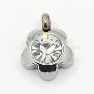 201 Stainless Steel Rhinestone Flower Charm Pendants, Grade A, Faceted, Crystal, 9x7x4mm, Hole: 1mm(RB-M030-03J)