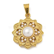 Ion Plating(IP) 304 Stainless Steel Pendants, with ABS Imitation Pearl, Golden, Flower, 21x17.5x6mm, Hole: 5x3mm(STAS-U024-G-07D)