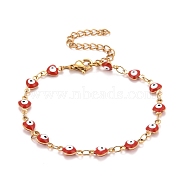 Enamel Heart with Evil Eye Link Chains Bracelet, PVD Vacuum Plating 304 Stainless Steel Jewelry for Women, Golden, Red, 6-3/4 inch(17.1cm)(BJEW-P271-06G-03)