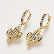 Brass Cubic Zirconia Dangle Hoop Earrings, Cactus, Colorful, Golden, 37.5mm, pin: 1mm(EJEW-S201-144)