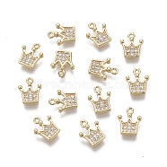 Brass Micro Pave Clear Cubic Zirconia Charms, Nickel Free, Crown, Real 18K Gold Plated, 9.5x8x2mm, Hole: 0.9mm(X-KK-R134-009-NF)