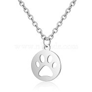 201 Stainless Steel Pendants Necklaces, Flat Round with Dog's Paw, Stainless Steel Color, 16.3 inch(40cm)x1mm(NJEW-S063-TN455-1)