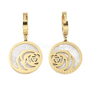 Flat Round with Rose 304 Stainless Steel Shell Dangle Earrings, Rhinestone Hoop Earrings for Women, Real 18K Gold Plated, 36x20mm(EJEW-L283-070G)