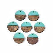 Resin & Walnut Wood Pendants, Flat Round, Turquoise, 18x3.5mm, Hole: 1.5mm(RESI-S358-02C-17)