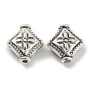 Tibetan Style Alloy Beads, Lead Free & Cadmium Free, Rhombus with Flower, Antique Silver, 10x9x4mm, Hole: 1mm, about 1136pcs/1000g(PALLOY-F307-07AS)