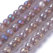 Electroplate Natural Sunstone Beads Strands, Faceted, Round, Rosy Brown, 6mm, Hole: 1mm, about 63~64pcs/strand, 14.9~15.3 inch(38~39cm)(G-F627-03-B02)