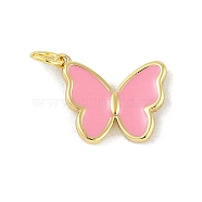 Brass Enamel Pendants, with Jump Ring, Real 18K Gold Plated, Butterfly Charm, Pink, 16x12.5x2.5mm, Hole: 3mm(KK-B114-16G-04)