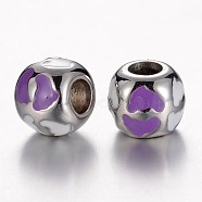 304 Stainless Steel Enamel European Beads, Rondelle with Heart, Stainless Steel Color, Dark Orchid, 11x9.5mm, Hole: 4.5mm(STAS-F057-96C)