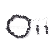 Natural Obsidian Chips Beaded Jewelry Set, Gemstone Stretch Bracelets & Dangle Earrings for Women, Platinum, 35mm, Pin: 0.5mm, Inner Diameter: 2-1/8 inch(55mm)(SJEW-JS01232-01)