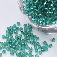 Silver Lined Glass Seed Beads, Round, Medium Sea Green, 1.5~2x1mm, Hole: 0.6mm, about 120000pcs/bag, about 450g/bag(SEED-Q025-1.5mm-C01)