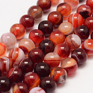 Natural Striped Agate/Banded Agate Bead Strands, Round, Grade A, Dyed, Chocolate, 6mm, Hole: 1mm, about 62~63pcs/strand, 14.5 inch(G-K155-B-6mm-01)