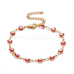 Enamel Heart with Evil Eye Link Chains Bracelet, Vacuum Plating 304 Stainless Steel Jewelry for Women, Golden, Red, 6-3/4 inch(17.1cm)(BJEW-P271-06G-03)