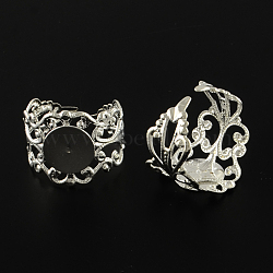 Flat Round Brass Filigree Ring Settings, Adjustable Ring Base Findings, Silver Color Plated, Tray: 10mm, 17mm(MAK-S033-001S)