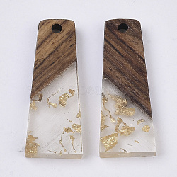 Transparent Resin & Walnut Wood Pendants, with Gold Foil, Waxed, Trapezoid, Gold, 30x12x3.5mm, Hole: 2mm(X-RESI-S358-59-A01)