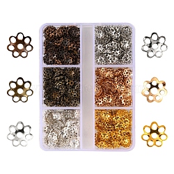 1200Pcs 6 Style Iron Bead Caps, Flower, Multi-Petal, Mixed Color, 6x1mm, Hole: 1mm, 200pcs/style(IFIN-YW0001-39)