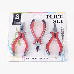Iron Jewelry Tool Sets: Round Nose Pliers, Wire Cutter Pliers and Side Cutting Pliers, Red, 110~127mm, 3pcs/set(PT-R009-04)