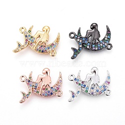 Brass Micro Pave Cubic Zirconia Links, Mermaid, Colorful, Mixed Color, 21x21x3mm, Hole: 1.4mm(ZIRC-F093-32)