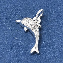 Brass Micro Pave Clear Cubic Zirconia Charms, Dolphin Shape Charms, Rack Plating, Long-Lasting Plated, Silver, 12x13x3mm, Hole: 2.5mm(KK-D110-08A-S)