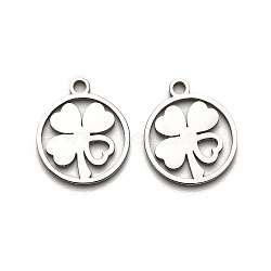 316 Surgical Stainless Steel Charms, Laser Cut, Ring with Clover Charm, Stainless Steel Color, 15x12.5x1mm, Hole: 1.6mm(STAS-H190-14P-04)
