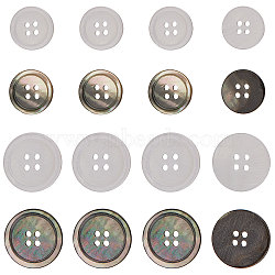 24Pcs 4 Style Natural Black Lip Shell & Shell Buttons, 4-Hole, Flat Round, Mixed Color, 15~20x2mm, Hole: 1.5~2mm, 6pcs/style(BUTT-GF0001-19)