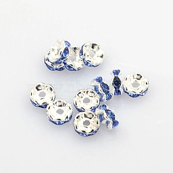 Brass Rhinestone Spacer Beads, Grade A, Rondelle, Silver Color Plated, Sky Blue, about 6mm in diameter, hole: about 1mm(X-RSB04C08)