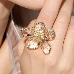 Alloy & Rhinestone/Synthetic Quartz Cuff Rings, Flower, Clear, Inner Diameter: 15~20mm(FS-WGD97BC-03)