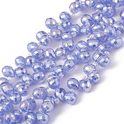 Imitation Jade Glass Beads Strands, Faceted, Top Drilled Teardrop, AB Color Plated, Royal Blue, 10x7.5~8mm, Hole: 0.8~1mm, about 95~100pcs/strand, 23.23~26.77(59~68cm)(EGLA-F152-A01)