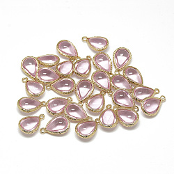 Glass Pendants, with Golden Tone Brass Findings, teardrop, Pink, 22x14x8mm, Hole: 1.5mm(GLAA-Q068-19B-08)