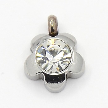 201 Stainless Steel Rhinestone Flower Charm Pendants, Grade A, Faceted, Crystal, 9x7x4mm, Hole: 1mm
