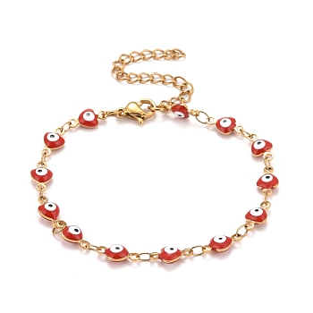 Enamel Heart with Evil Eye Link Chains Bracelet, Vacuum Plating 304 Stainless Steel Jewelry for Women, Golden, Red, 6-3/4 inch(17.1cm)