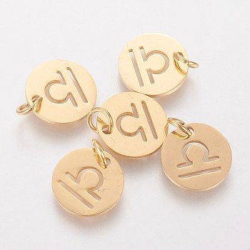 304 Stainless Steel Pendants, with Jump Ring, Laser Cut, Flat Round with Constellation/Zodiac Sign, Golden, Libra, 12x1mm, Hole: 3mm