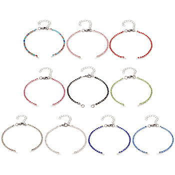 10Pcs 10 Colors Iron & Brass with Glass Rhinestone Bracelets, with 304 Stainless Steel Lobster Claw Clasps, for Link Bracelet Making, Mixed Color, 6-5/8 inch(17cm), Hole: 1.2mm, 1pc/color