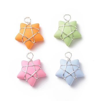 Opaque Resin Pendants, with Copper Wire Wrapped, Mixed Color, Star Charm, Platinum, 22x18.5~19.5x7.5~8mm, Hole: 3.5~4mm