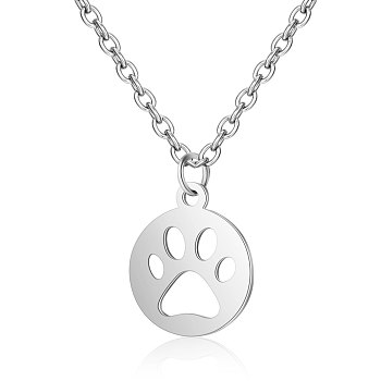 201 Stainless Steel Pendants Necklaces, Flat Round with Dog's Paw, Stainless Steel Color, 16.3 inch(40cm)x1mm
